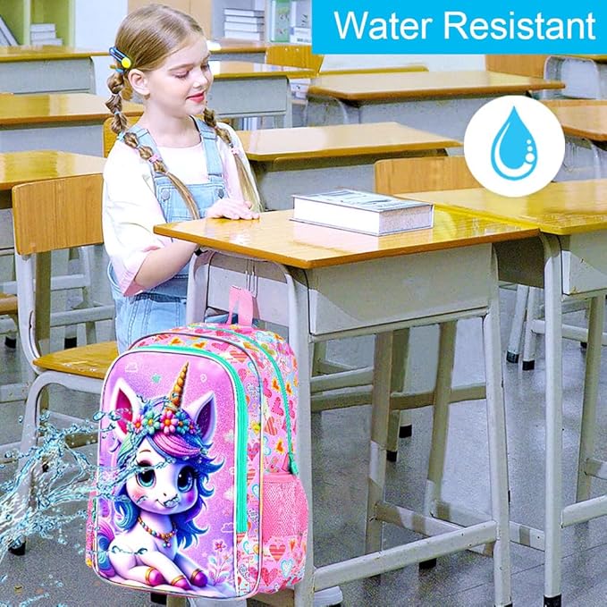 CCJPX 16" Unicorn Backpack for Girls, 3Pcs Kids Bookbag with Lunch Box, Water Resistant Elementary School Bag for Kindergarten Preschool Toddler (Pink)
