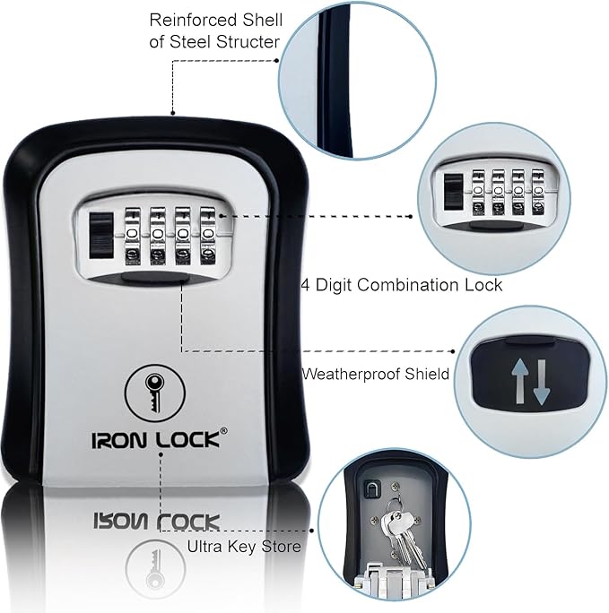 Iron Lock® Wall Mount Key Lock Box for Keys 4 Digit Combination with Resettable Code with A B Switch Indoor Outdoor Waterproof House Key lockbox for Spare House Keys 5 Capacity (Medium, Grey)