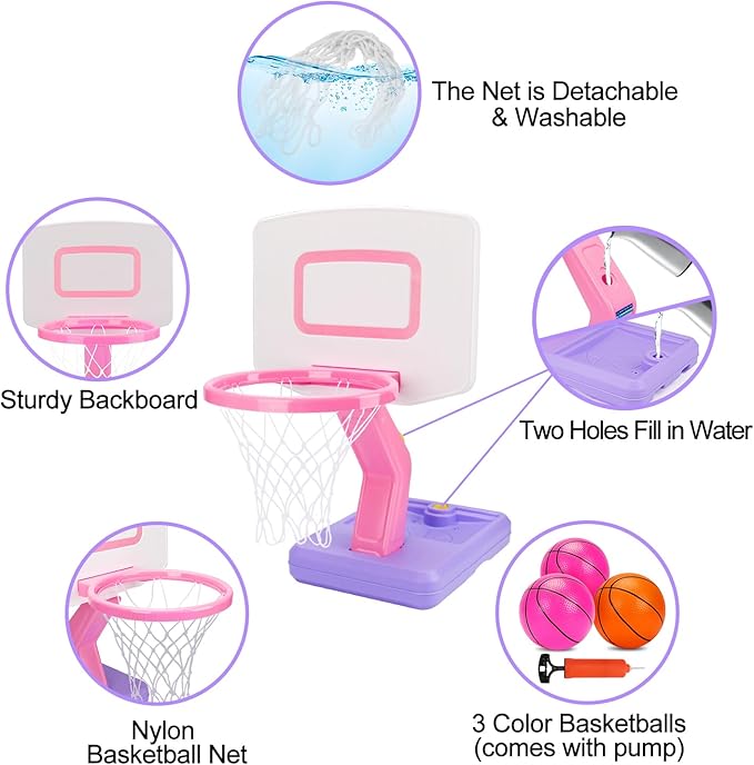 Toddler Girl Basketball Hoop Indoor Pink Adjustable Mini Basketball Goal with Ball Pump for Outdoor Poolside Toys Backyard Game Outside Basketball Toy for Kids Age 1-3 3-5 6 7 4-8 Birthday Gift