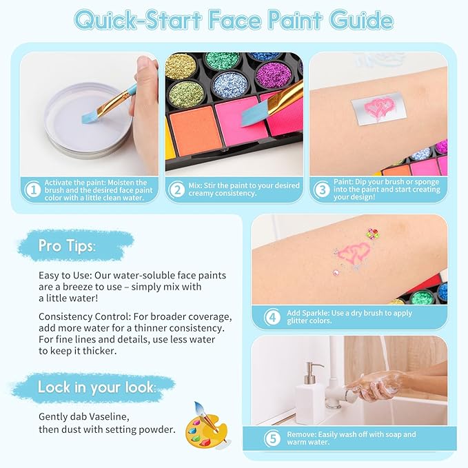 Pintada 42 Color Face Painting Kit for Kids - Non Toxic Water Activated Face Paint Palette With Stencils, Brush, Gems. For Carnival, Halloween, Costume Makeup and Any Creative Activity with Kids