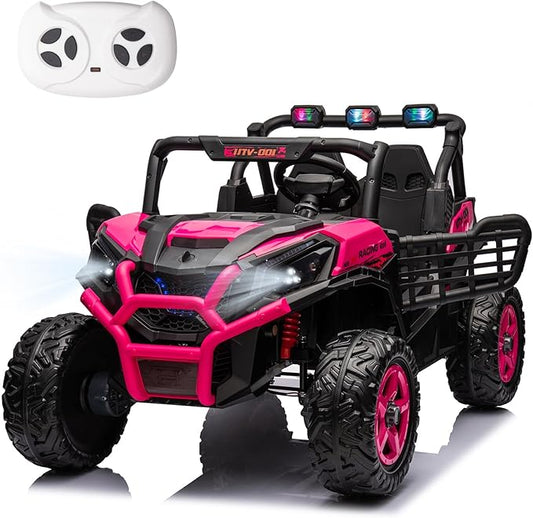 24V Ride On Car for Kids, 2 Seater Ride On UTV, Battery Powered Kids Electric Car with Remote Control, 4WD Side by Side Ride On Truck w/Bluetooth, Rose Pink