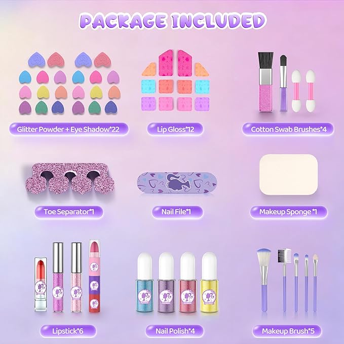 PERRYHOME Kids Makeup Sets for Girls 5-8, 57 Pcs Washable Real Cosmetic Set, Non-Toxic Toddler Makeup Toys, Girls Makeup Kit, Princess Toys & Birthday Gifts for 3 4 5 6 7 8+ Years Old (Purple)