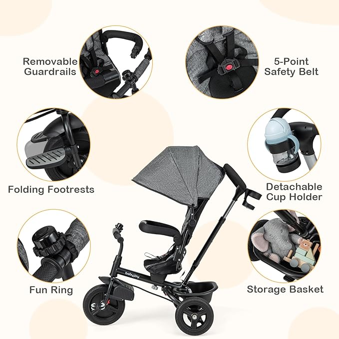 BABY JOY Tricycle, 6 in 1 Tricycle for Toddler w/Reversible Seat, Adjustable Canopy & Parent Handle, 5-Point Safety Belt, PU Wheels and Storage Basket, Push Tricycle for 9-60 Months (Gray)