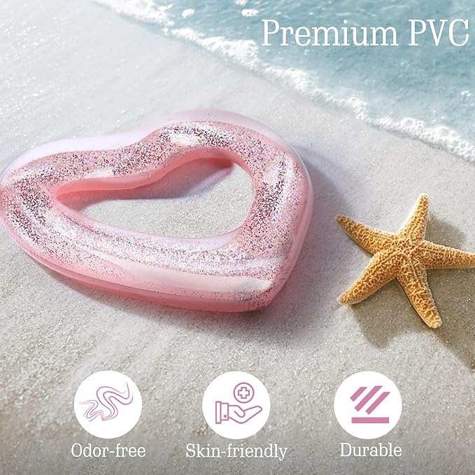 HeySplash Pool Floats, Adult Size Heart Inflatable Pool Floatie for Bachelorette Party, Swim Tube Rings, River Lake Beach Floaty, Wedding Bride Valentine Fun Toy Raft Lounge for Kids,Glitter Rose Gold