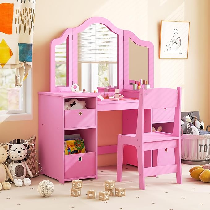 Costzon Kids Vanity, 2 in 1 Princess Makeup Desk & Chair Set with Tri-Folding Mirror, 4 Storage Bins, Wooden Toddler Vanity Dressing Table, Vanity Set for Little Girls (Pink)