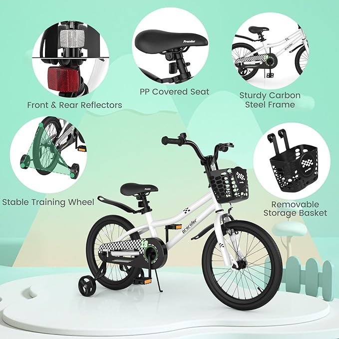 BABY JOY Kids Bike, 12 14 16 18 Inch Children Bikes for Boys Girls Age 3-8 Years w/Training Wheels, Handbrake, Coaster Brake & Removable Basket, Kids Bicycle of Multiple Colors