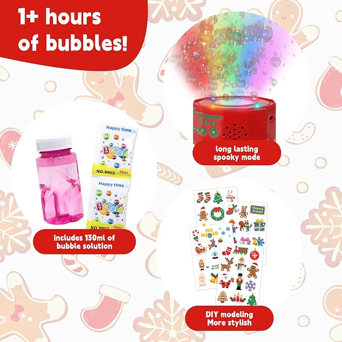 Fireworks Bubble Machine for Christmas, Musical Bubble Blower Machine with Flashing Lights and DIY Stickers, Automatic Bubble Maker for Kids & Adults Festive Fun (Christmas)