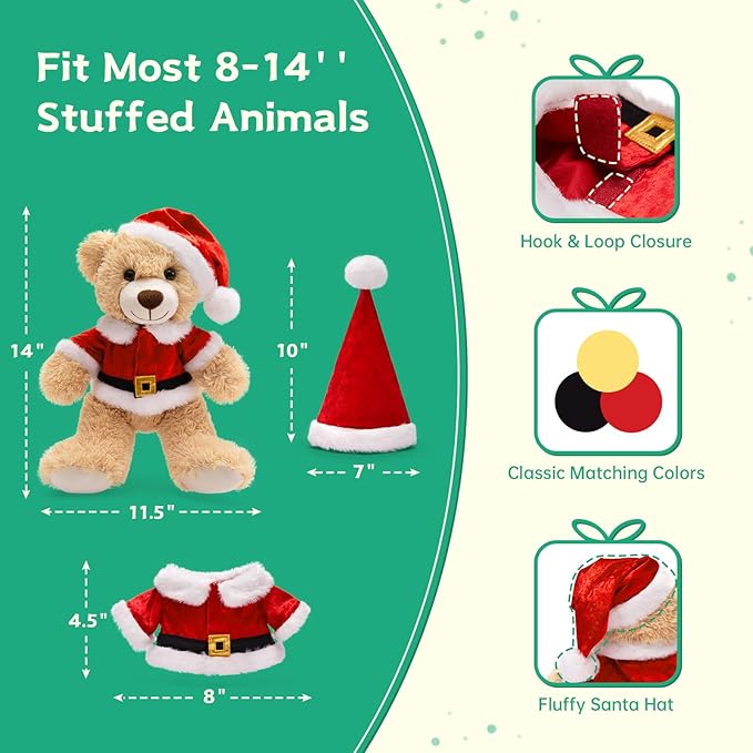MaoGoLan 14 inch Christmas Teddy Bear Stuffed Animal Plush Bear with Classic Outfits - Removable 8'' Santa Coat & Hat Suitable for Most Small Plush Toys - Christmas Decorations & Gifts, 1 Pack