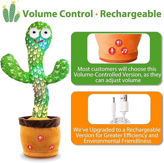 Rechargeable Talking Dancing Cactus Plush Toy for Baby Toddler 6-18 Months - Volume Adjustable Mimicking and Singing Cactus with Music & Light - Funny Birthday Gifts for 1 Year Old Boy Girl