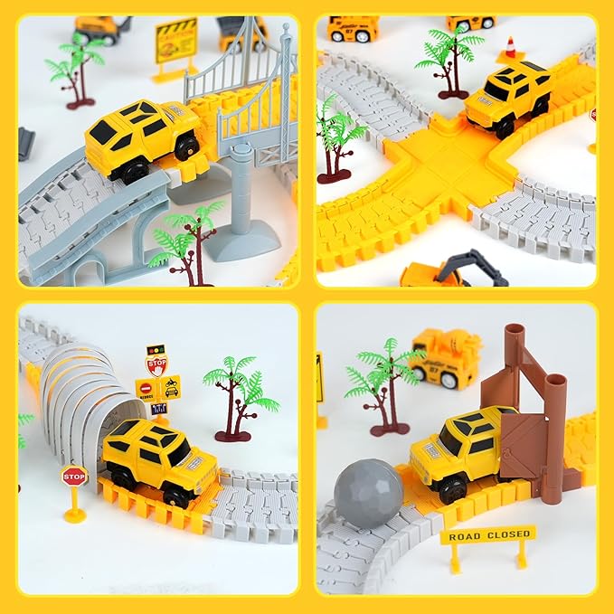 BEMITON Construction Race Track Toys for Kids - Birthday Gift for 3 4 5 6 7 Year Old Boys, 330+ PCS Track Playset with Electric Cars and Construction Trucks, DIY Engineering Road Building Sets