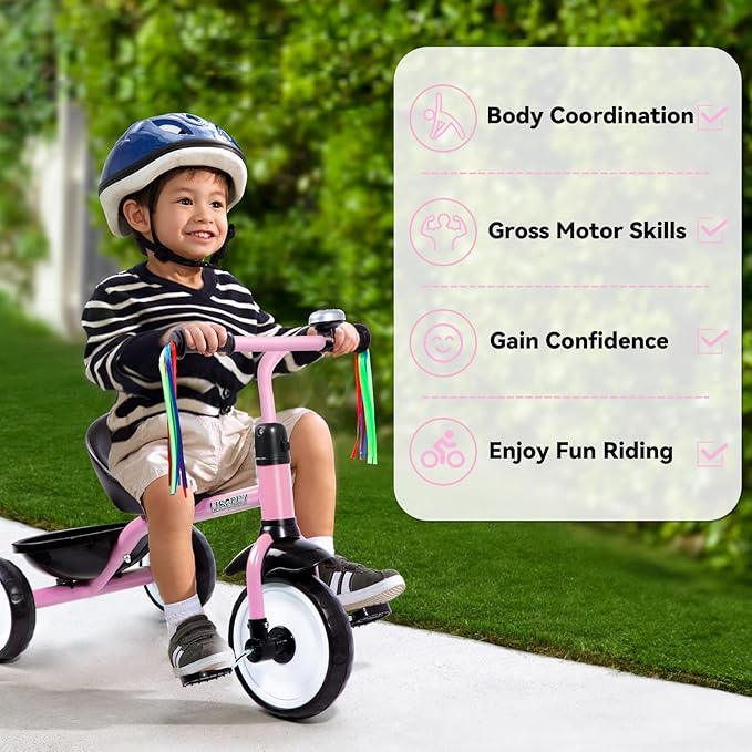 Liberry Toddler Tricycle Age 2 3 4 Years Old, Kids Trike with Bell, Back Basket and Removable Pedal, 3 Wheel Bike Riding Toy Gift for Girls, Light Pink