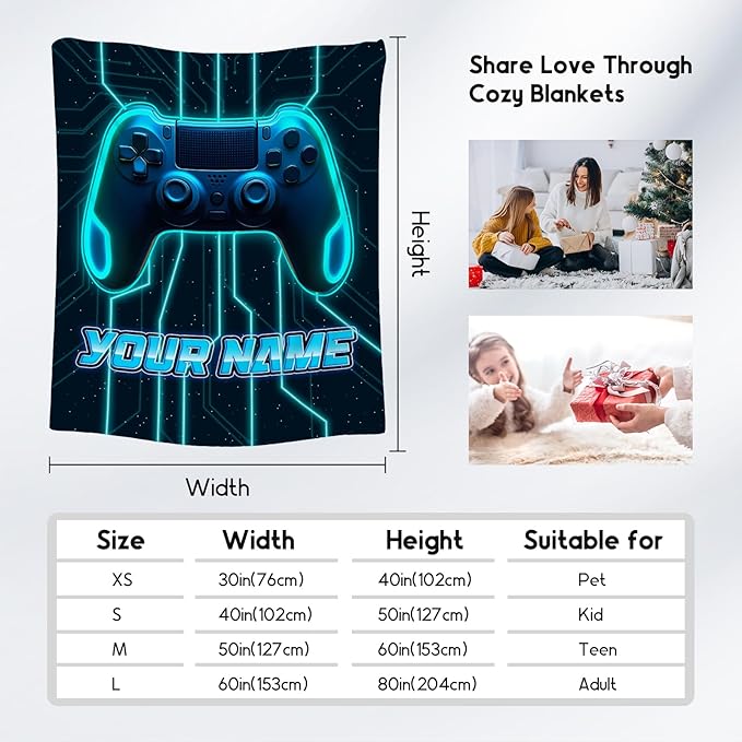 Custom Blankets for Boys - Cool Gamer Blanket Gifts - 4 Sizes Cozy Soft Flannel Gaming Throw for Couch, Office