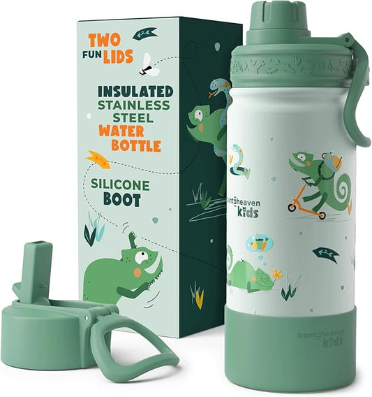 Bentoheaven Kids Water Bottle Stainless Steel for Boys & Girls, 2 Lids (Chug & Straw), Handle & Silicone Boot, Reusable Metal Leak-proof Insulated Tumbler, School & Sports 17oz (Green)