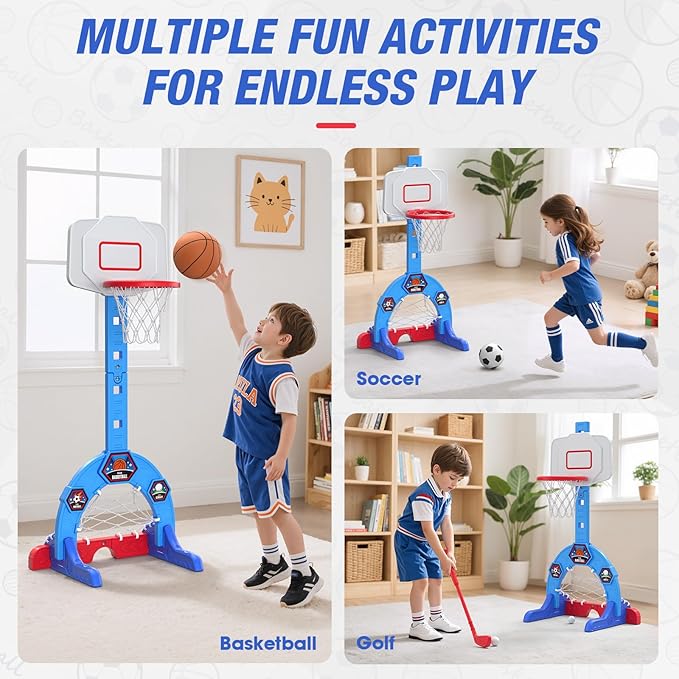 Toddler Basketball Hoop, 3-in-1 Sports Activity Center with Soccer Goal, Golf Game, 5 Height Adjustable Kids Basketball Hoop, Indoor Outdoor Playset Toys Gifts for Boys Girls 3-5, Blue