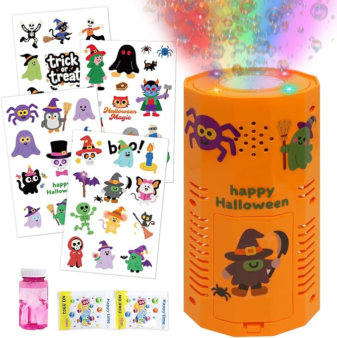 Halloween Bubble Machine, Automatic Fireworks Bubble Blower with Spooky Sound & Dazzling Lights, Portable Bubble Maker Toys with DIY Stickers for Kids Halloween Party Fun (Halloween)