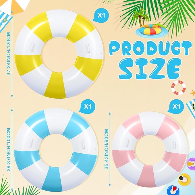 3 Pcs Large Swim Ring with Handles Set 47.24" 39.37" 35.43" Inflatable Pool Inner Tube Classic Striped Pool Ring Floats for Adults Teens Summer Lounger Beach Party Supplies