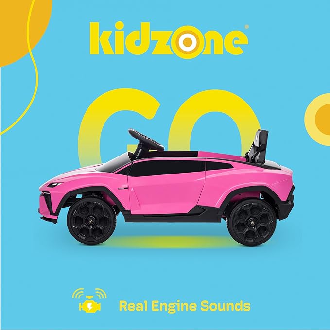 Kidzone Kids Electric Ride On 12V Licensed Lamborghini Lanzador Battery Powered Sports Car Toy with Parent Remote Control & Manual Drive, Bluetooth, LED Lights&Music - Pink