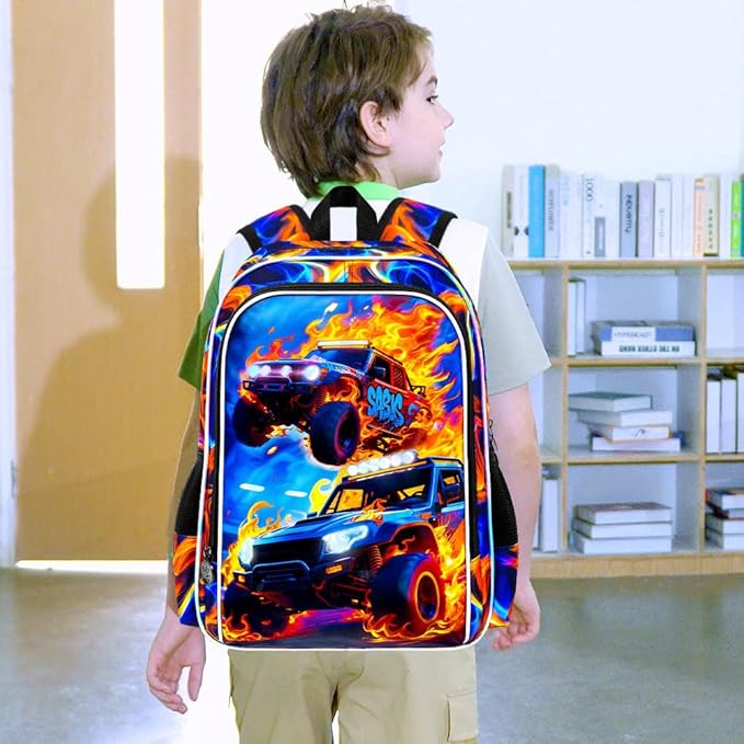 17" Monster Truck Backpack for Boy, 3Pcs Fire Bookbag for Elementary Preschool Kindergarten, Kids School Backpacks with Lunch Box (Red)