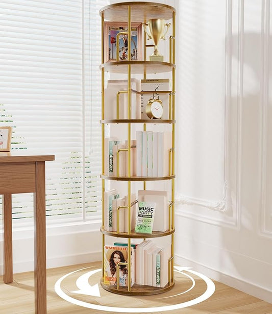 5 Tier Round Rotating Bookshelf Tower Gold,62” Tall Space Saving Spinning Bookshelf with Anti-Tipping Design,Metal Standing Revolving Bookcase Stackable for Small Spaces,Study,Living Room