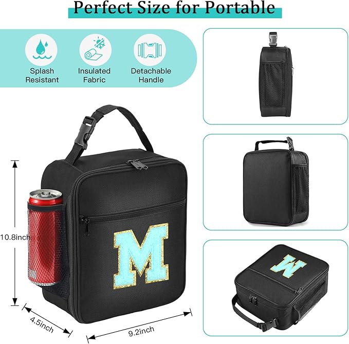 Initial Insulated Lunch Bag, Lunch Box with Initial Letter Patch for Teen Adult, Reusable Lunch Bag for Men Women, Ideal Back to School Gift Birthday Gift, Blue M