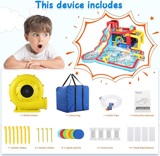 Water Slide Bounce House with Blower, Kids Inflatable Water Slide Park Indoor Outdoor Fun Wet Dry Combo Bouncy House Castle w/Splash Pool, Climbing Wall, Cannon, Basketball Hoop, Football Gate