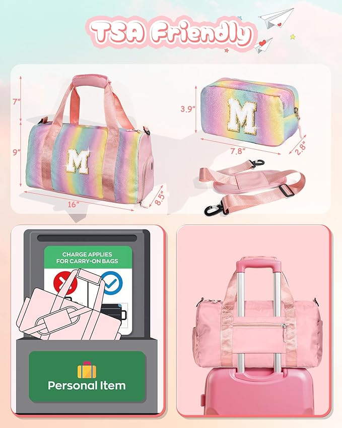 Gift Ideas for Kids Girls-Girl Gym Bag with Shoe Compartment, Kid Personalized Weekender Overnight Bags, Initial Travel Tote with Makeup Pouch, Graduation Gifts Granddaughter (Letter N)