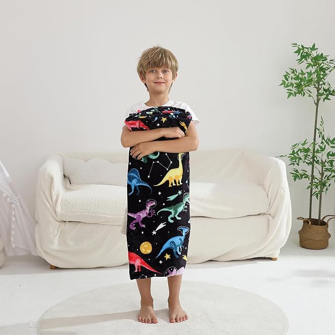 Softan Kids Throw Blanket for Girls & Boys, Warm Soft Toddler Fleece Blankets for Sofa Couch Bed， Cozy Fuzzy Plush Flannel Kids Throw Blanket for Daycare & School - Space Dinosaur 50x60 inches