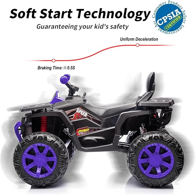 12V Kids 4 Wheeler ATV, 2-Seater Electric ATV Four Wheeler for Big Kids with Bluetooth, 14.4" Big Wheels - Purple