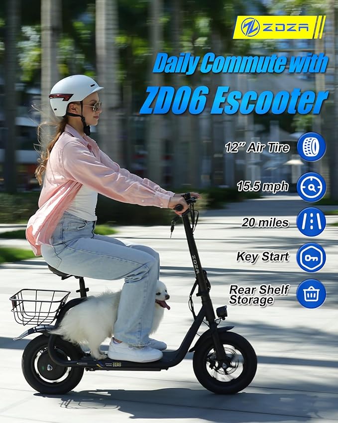 Electric Scooter with Seat ZD06, 800W Peak Motor, 20 Mile Range & 15.5 Mph, Key Start, Foldable E-Scooter with Carry Basket for Pets & Cargo, Electrically-Powered Motor Scooters