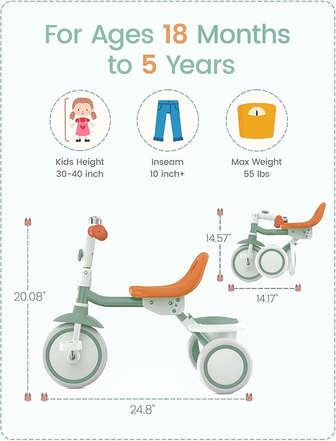 besrey Toddler Tricycle with Bell, Kids Tricycle Age 18 Months to 5 Years, Kids Trike, Toddler Bike for 2-5 Year Olds, Baby Trike, Gifts & Toys for Boys & Girls, Green