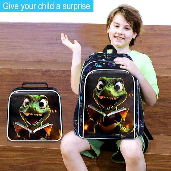 3Pcs Dinosaur Backpack for Boy, 16" Bookbag for Elementary Preschool Kindergarten, Kids School Backpacks with Lunch Box (Black)