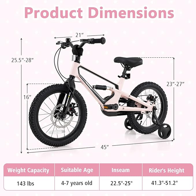 BABY JOY Kids Bike, 16" Magnesium Sporty Bicycle with Dual Disc Brakes, Removable Training Wheels, Body Suspension, Adjustable Handlebar & Saddle, Girls Boys Bike
