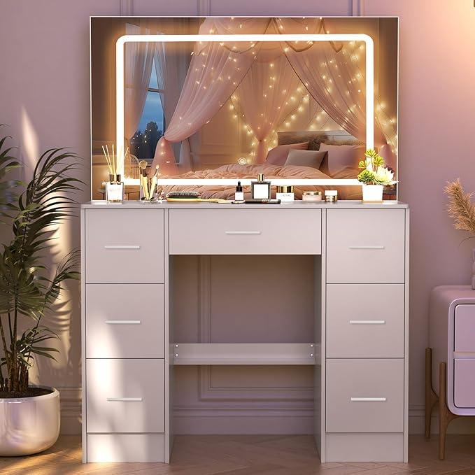 39.4''W Vanity Desk with Large Lighted LED Mirror, White Vanity Desk with Lighted Mirror, Drawers, 3-Color Adjustable Brightness, Big Makeup Vanity Desk Dressing Table for Bedroom, Girls, Women