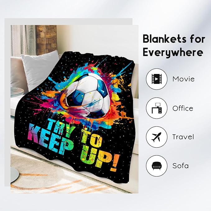 Soccer Gifts for Boys, Soccer Blanket Gift for Sport Lovers, Flannel Throw Blankets for Kids Girls Teens, Sports Decorations for Room Team Player (Colorful, 60x80 Inch)