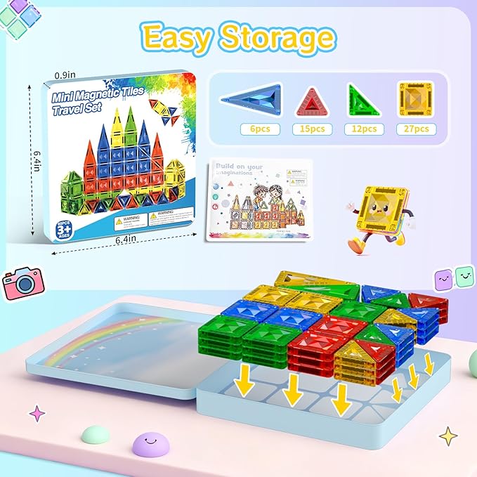 60pcs Mini Magnetic Tiles for Kids Ages 3-8,Travel Magnetic Building Blocks with Metal Storage Box, STEM Educational Toys, Montessori Sensory Learning Toys for Toddlers, Boys & Girls Christmas Gift