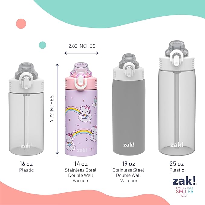 Zak Designs Sanrio Sage Kids Water Bottle For School or Travel, 14oz Stainless Steel Water Bottle With Straw, Handle, and Leak-Proof, Pop-Up Spout Cover (Hello Kitty)