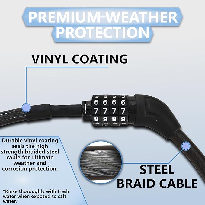 Lumintrail Extra Long Coiled Bike Cable Lock 3/8 Inch 30ft (4, 6, 10, 15, 30ft), Weatherproof Locks for Kayak, Bike, Scooter, Outdoor Equipment, Resettable Combination Lock Anti Theft Protection