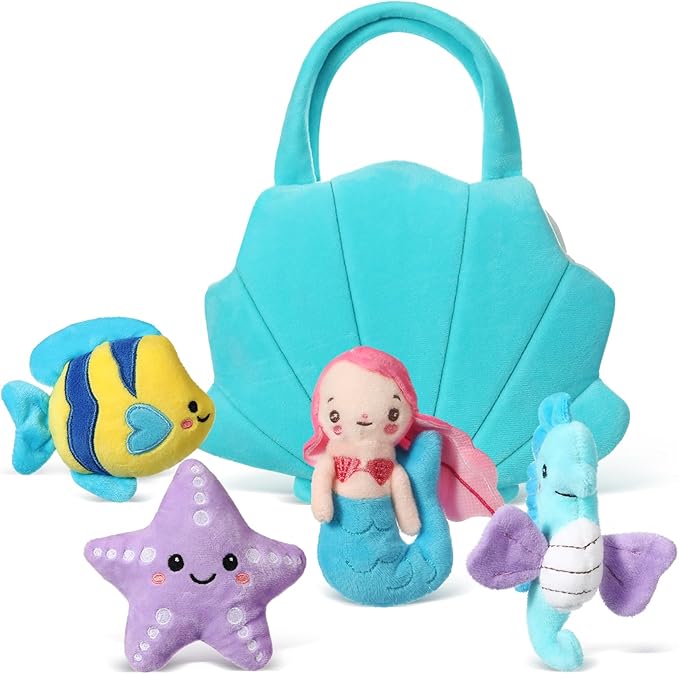 Syhood 5 Pieces Ocean Stuffed Animals Plush Set Include 1 Shell Carrying Bag Toy Set with Small Mermaid Seahorse Starfish Fish Sensory Toy for Boys and Girls Huggable Sleeping Holiday Birthday Gifts