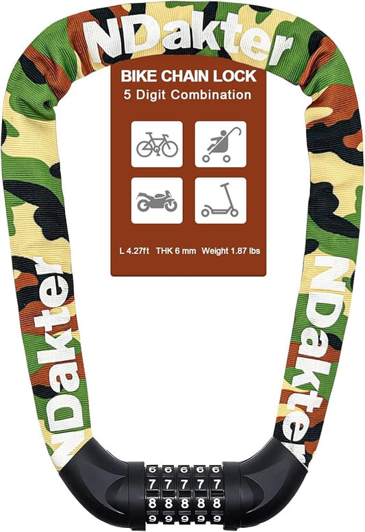 NDakter Bike Chain Lock, 5 Digit Combination Heavy Duty Anti Theft Bicycle Chain Lock,2.62/3.2/4.27/5/6Ft Long Security Resettable Bike Locks for Bike, Bicycle, Scooter, Door, Gate, Fence-4/6mm Thick