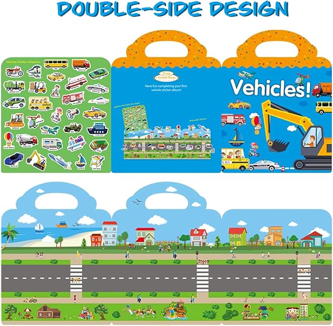 Reusable Sticker Books for Kids, Travel Removable Toddler Vehicle Sticker Books for 3 4 5 Year Old Girls Boys Birthday Gifts Educational Learning Toys for Age 3-5