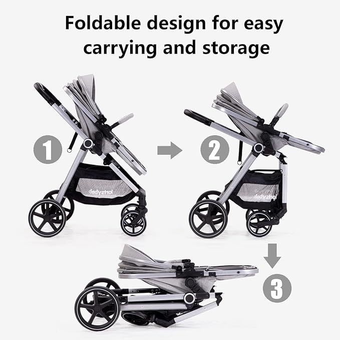 2-in-1 Baby Stroller - Folding Infant Newborn Pram Stroller with Reversible Seat - Toddler Strollers for 0-36 Months Old Babies (Grey)