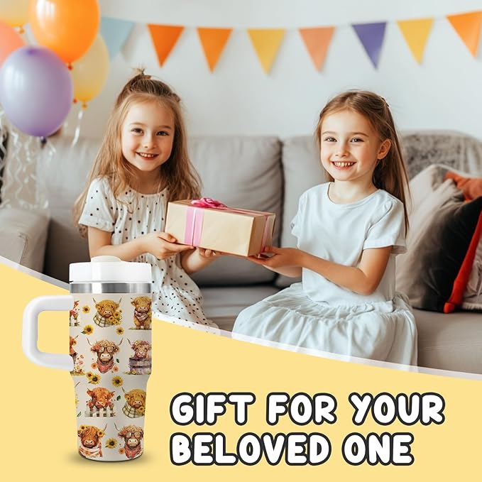 Highland Cow Gifts - 14oz Kids Highland Cattle Yak Tumbler with Handle and Straw, Stainless Steel Insulated Water Cup, for Boys & Girls, Travel - Farm Animal Cow Children Birthday Gift Cup(1pc)