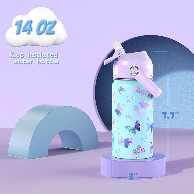 14oz Kids Insulated Water Bottle with Straw Lid - 18/8 Stainless Steel Kid Cup Travel Tumbler Double Wall Vacuum Leak Proof Portable Toddler Water Bottle(Butterfly）