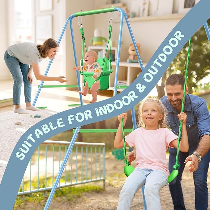 2-in-1 My First Toddler Swing Set for Backyard, Baby Indoor/Outdoor Swing with Foldable Stand, Belt & Soft Swing Seat with Safety Harness & Height Adjuster, Suitable for Children 6 Months and Older