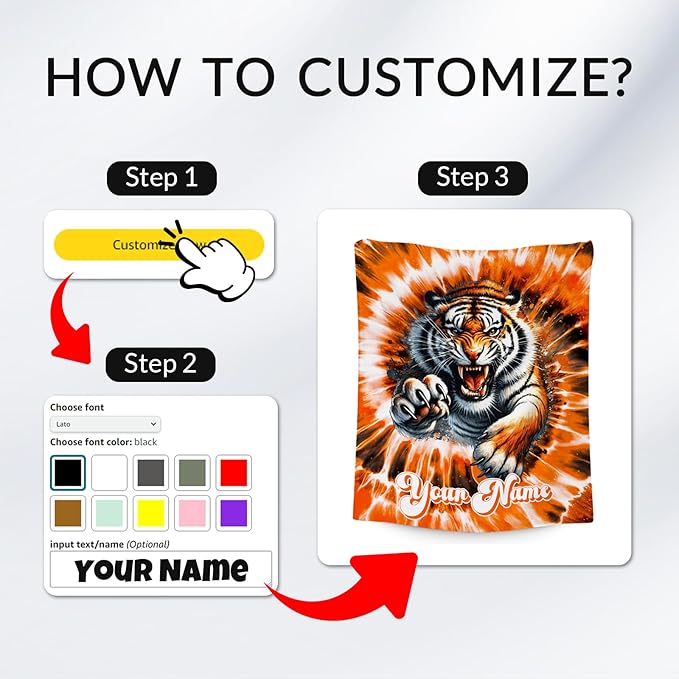 UNIKITTY Personalized Kids Blanket, Tiger Blanket Gifts for Girls Boys, Custom Gifts with Name, Fleece Throws with Tie Dye Print for Room Decor (4 Sizes)