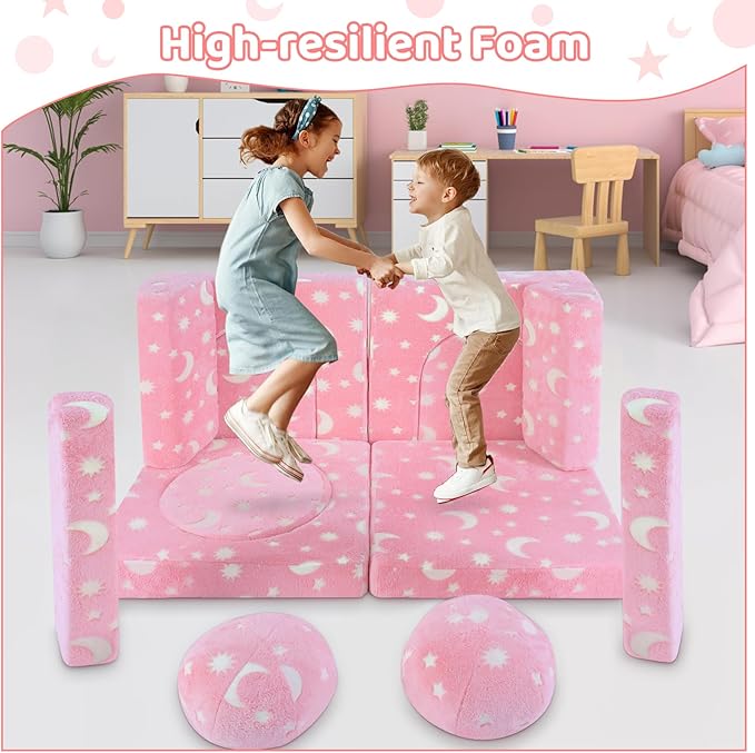 13 PCS Kids Play Couch, Modular Glowing Kids Toddler Couches, Kid Play Couch Sofa for Playroom and Bedroom (Pink)