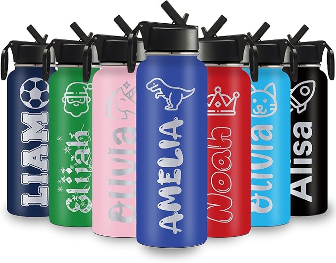 Personalized Water Bottles for Kids, 18 oz Custom Name Insulated Water Bottle With Straw, Stainless Steel Reusable Waterbottle Gifts for School Girls Boys Men Women - Icon Design