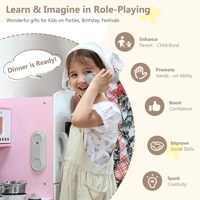 Kinder King Wooden Kids Play Kitchen, Toy Kitchen Playset for Toddler, Pretend Oven, Microwave, Telephone, Chalkboard, Interactive Doors, Knobs, Realistic Kitchen Sets for Boys Girls Age 3+, Pink