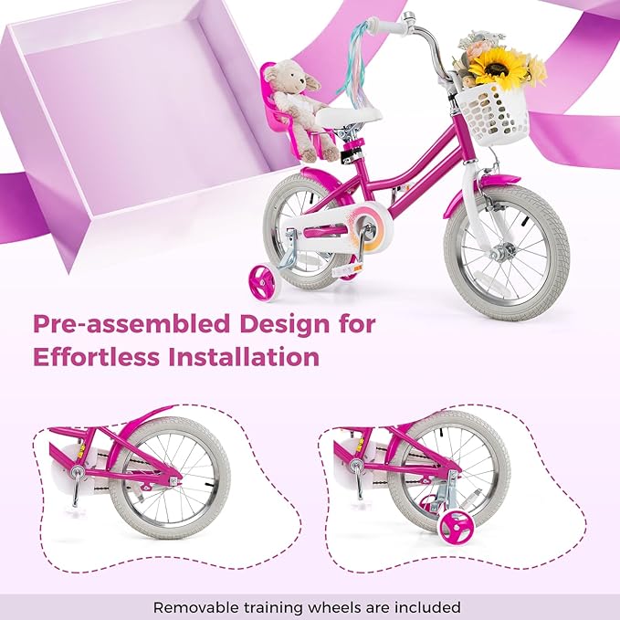 BABY JOY Kids Bike, 12 14 16 18 Inch Children Bicycle w/Detachable Training Wheels, Storage Basket, Adjustable Seat & Handlebar, Bow or Streamer, Girls Bike for 3-8 Years Old