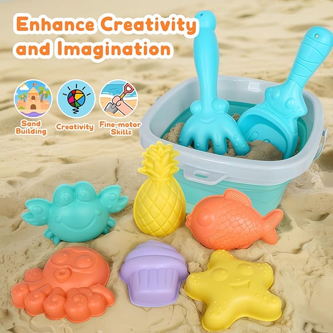 USATDD Beach Toys for Kids with Collapsible Bucket, Sand Molds Rake and Shovel, Collapsible Beach Bucket Travel Sand Toys for Toddlers Kids